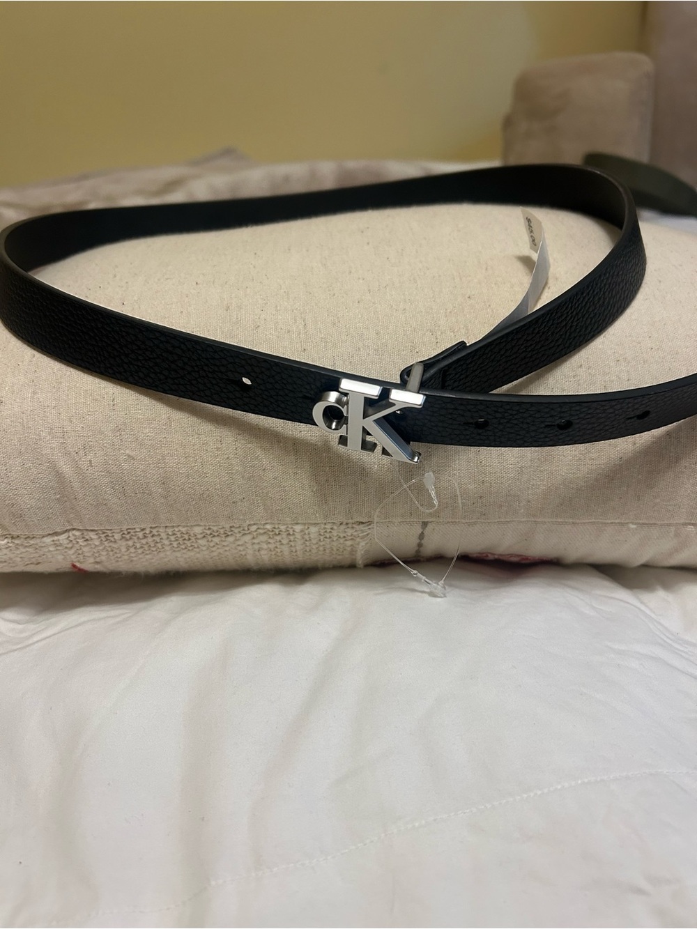 Women's CK Calvin Klein Black Pebbled Leather Icon Logo Belt, Medium